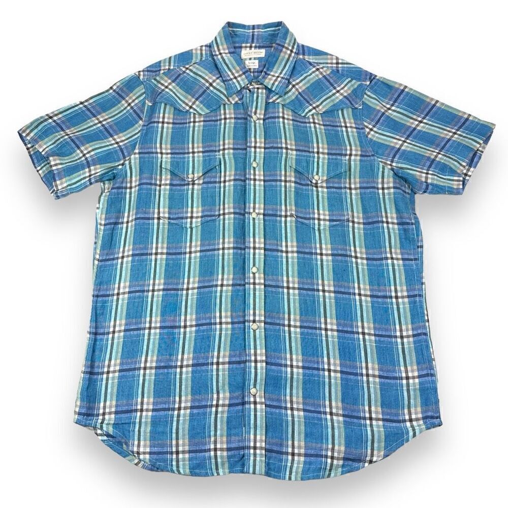 Lucky Brand Shirt Mens Size Large L Blue‎ Plaid Short Sleeve Button Down